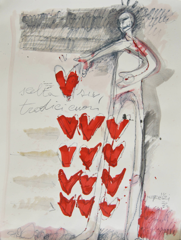 Alessandro Grazi – Scelta su tredici cuori, tecnica mista su carta, cuori rossi