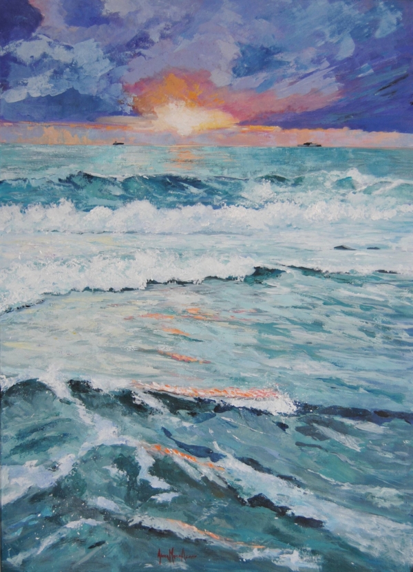 Tramonto su Livorno con cielo rosa e nuvole, pittura romantica e intensa