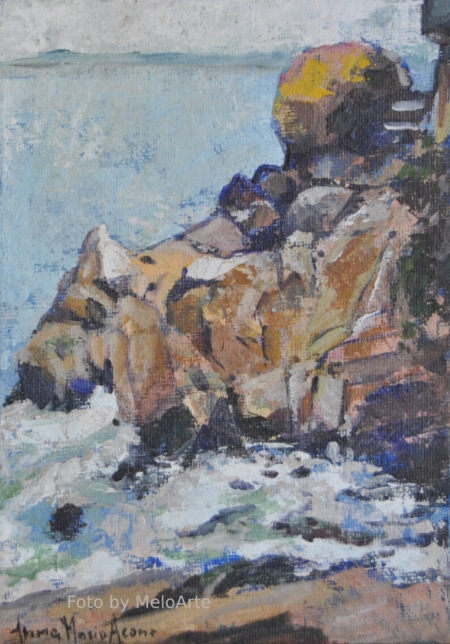 Quadro dello Scoglio della Ballerina a Livorno, mare e luce che giocano sulla pietra scura, opera di Anna Maria Acone.