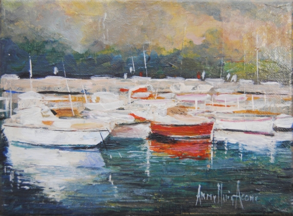 Dipinto di porticciolo con luci cupe e barca rossa, pittura a olio