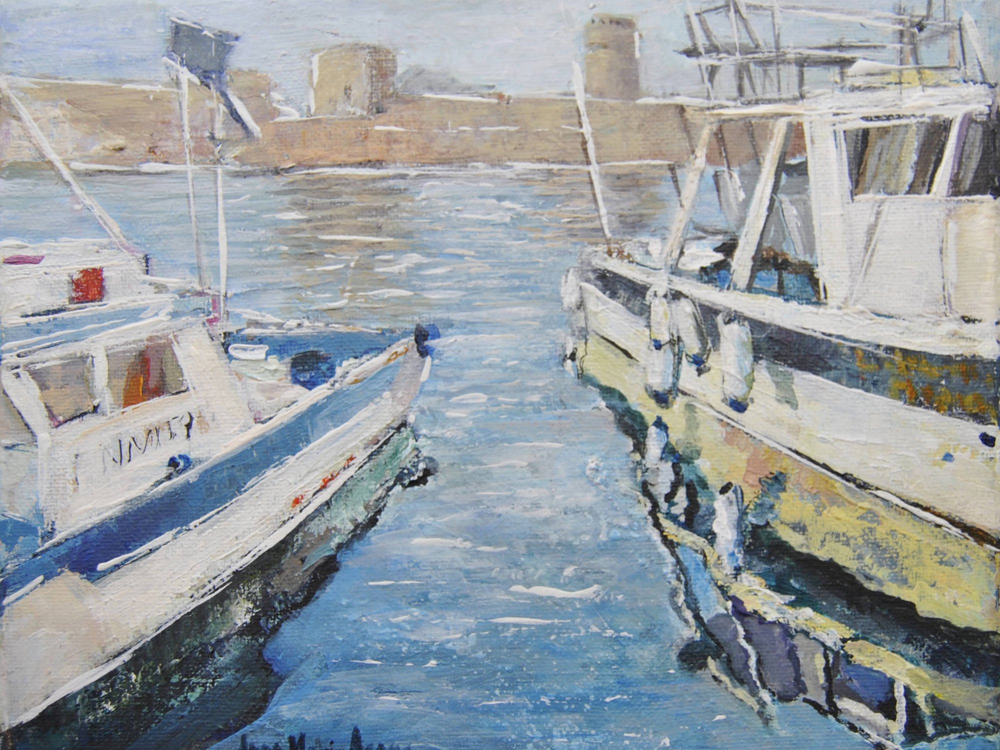 Dipinto del porto di Livorno, barche, acqua e atmosfera urbana marina