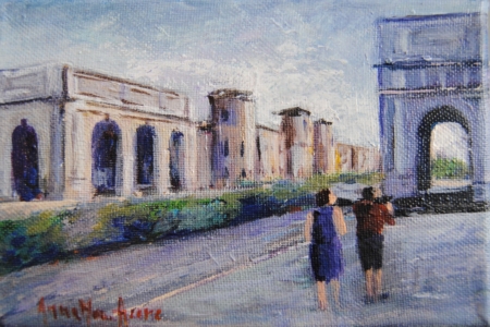 Dipinto della Barriera Margherita a Livorno, scorcio urbano con asfalto e luce delicata