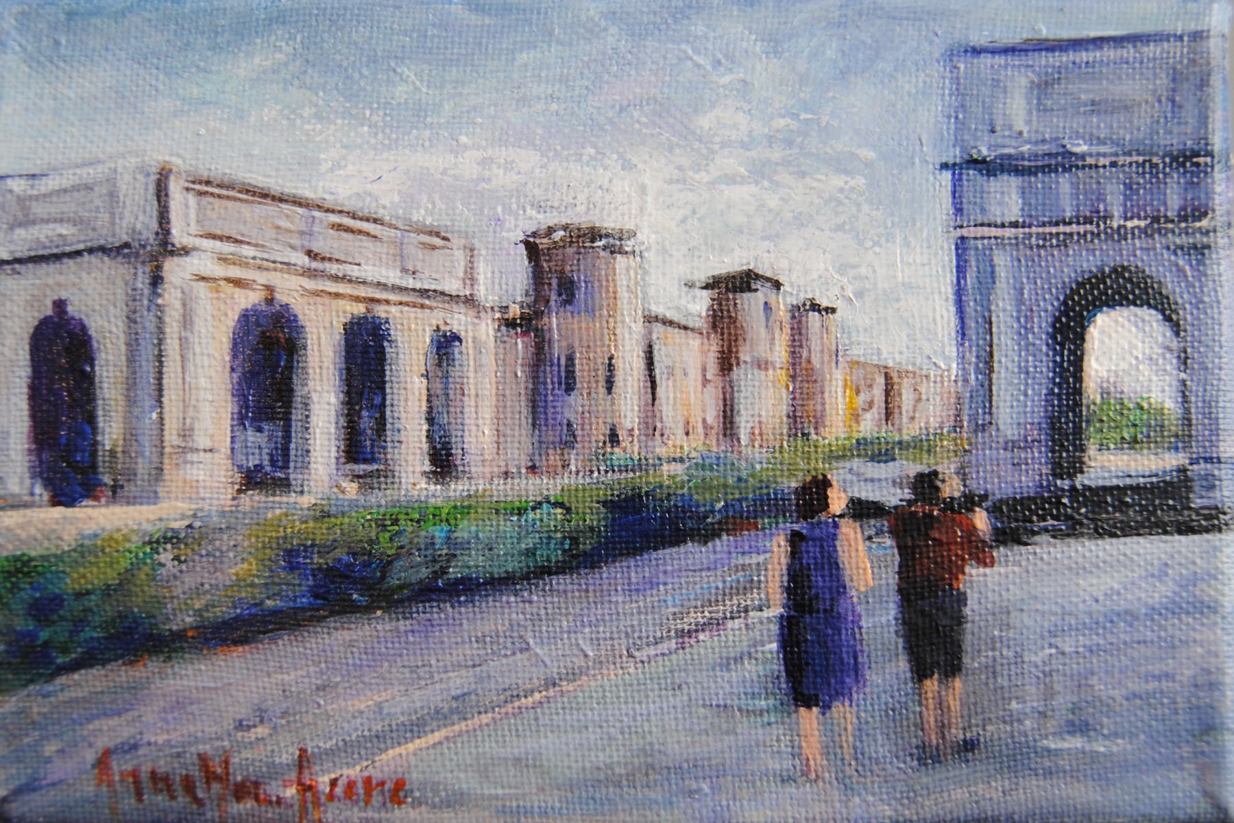 Dipinto della Barriera Margherita a Livorno, scorcio urbano con asfalto e luce delicata