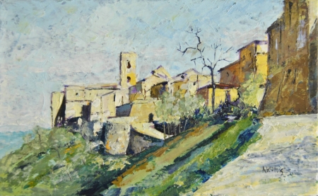 Dipinto di Colle Val d’Elsa, veduta del paese con pietre illuminate da luce mattutina