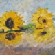 Dipinto di due girasoli su tavola lucida, riflessi e pittura rapida, opera romantica