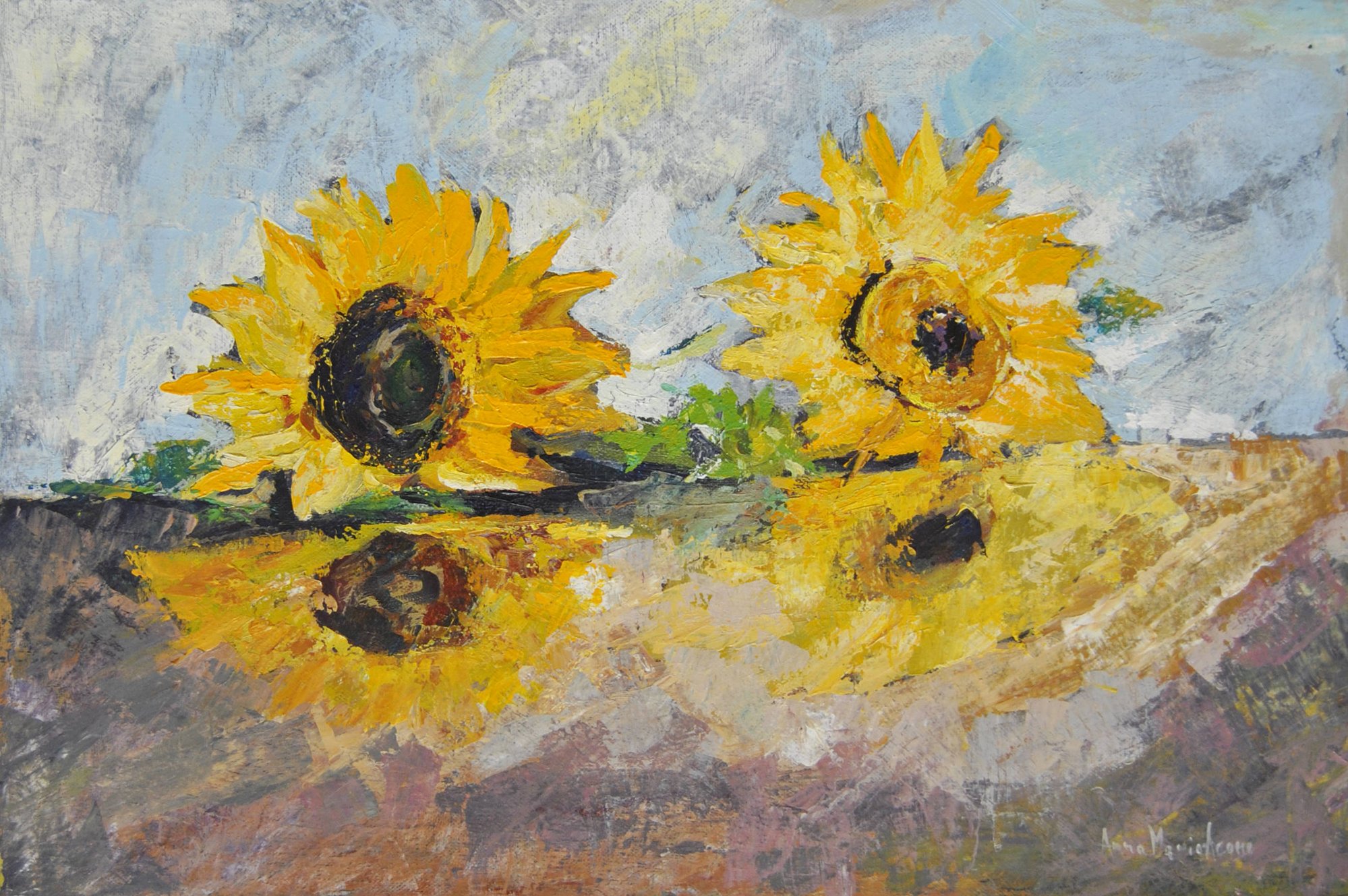 Dipinto di due girasoli su tavola lucida, riflessi e pittura rapida, opera romantica