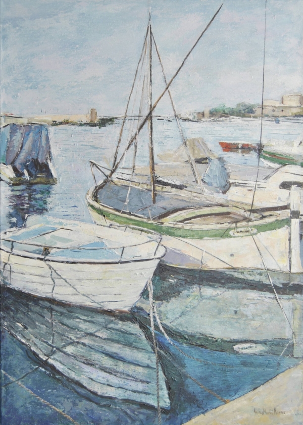 Quadro di barche in porticciolo, acqua azzurra e riflessi luminosi