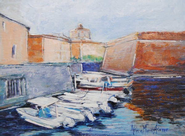 Dipinto di barche sull’acqua davanti alla Fortezza Nuova di Livorno, pittura a olio