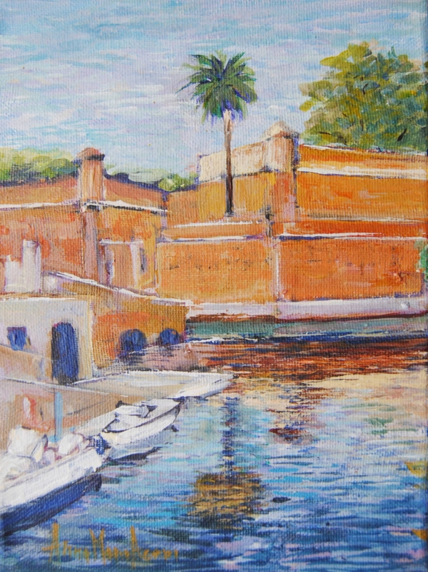 quadro di barche nell’acqua davanti alla Fortezza Nuova di Livorno, pittura a olio