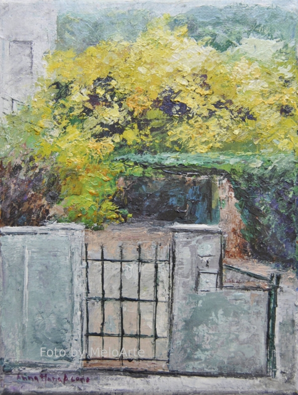 Dipinto di scorcio con muro e cespuglio di mimosa in fiore, pittura delicata