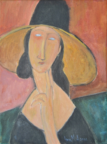 Copia d’autore ispirata a Modigliani, donna con cappello in stile Jeanne Hébuterne