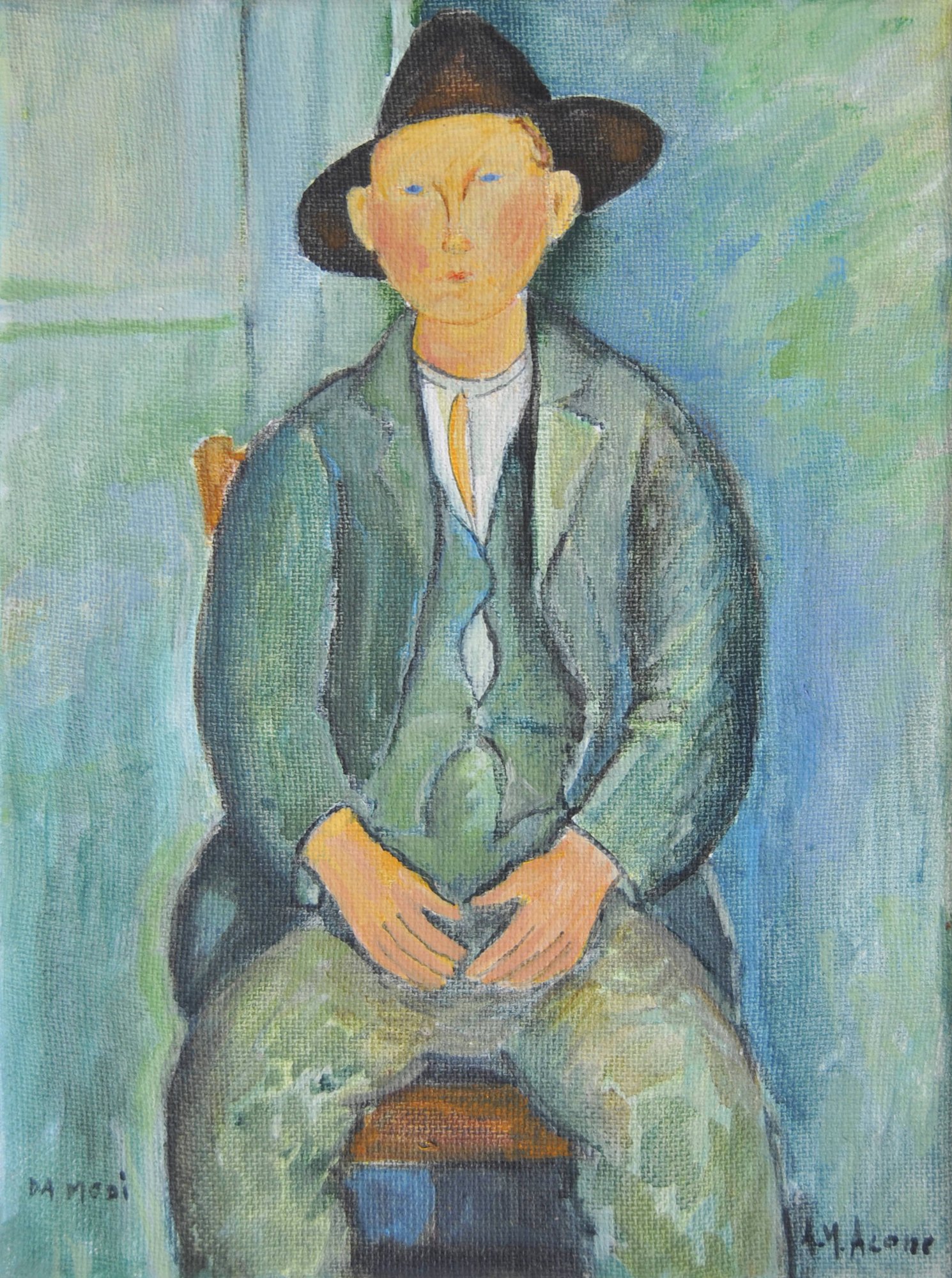 Ritratto maschile seduto con cappello, copia d’autore ispirata a Modigliani