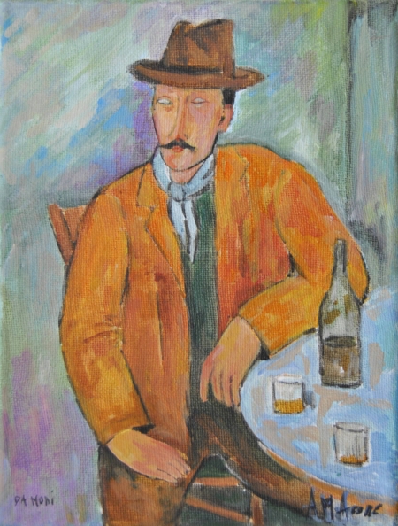Copia d’autore nello stile di Modigliani, ritratto di uomo con cappello seduto