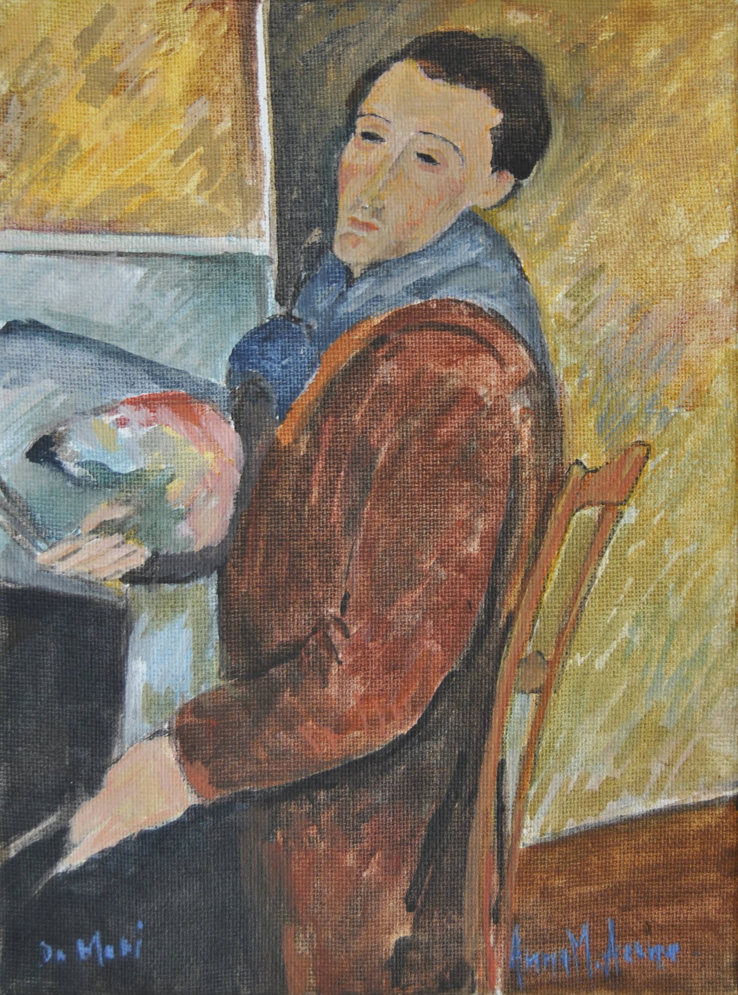 Copia d’autore ispirata a Modigliani, donna seduta con tavolozza di pittura