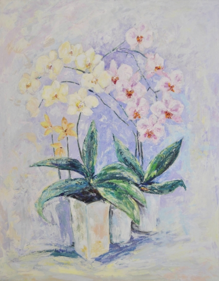 Grande dipinto di orchidea, stile chiarista, toni delicati grigio e azzurro