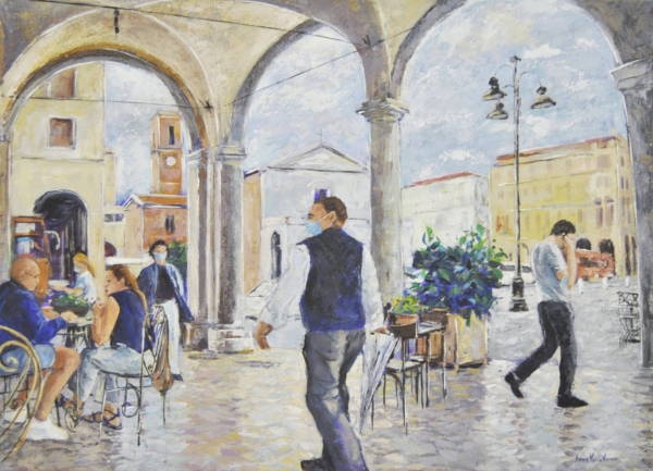 Dipinto di Piazza Grande 2020, figurativo, persone con mascherina