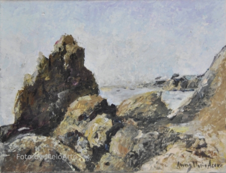 Dipinto dello Scoglio della Ballerina a Livorno, mare e luce sull’acqua, pietra scura