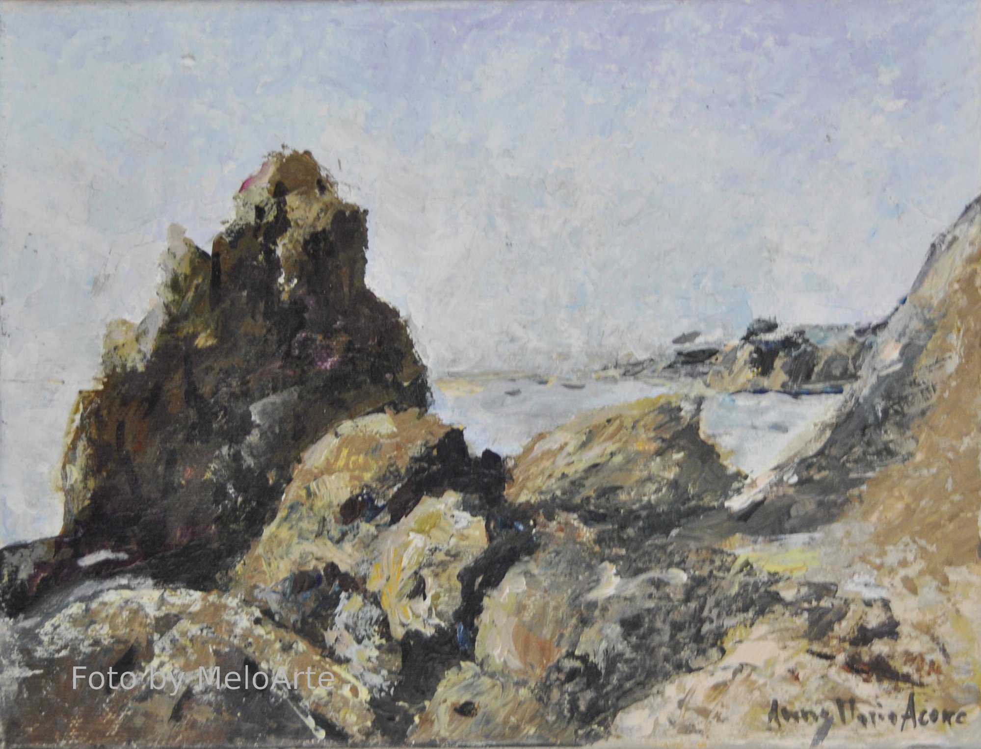 Dipinto dello Scoglio della Ballerina a Livorno, mare e luce sull’acqua, pietra scura