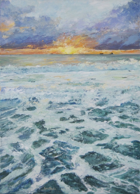 Tramonto romantico su Livorno, cielo rosa e mare, pittura coinvolgente
