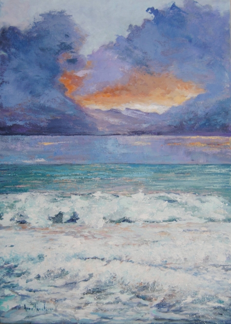 Dipinto di tramonto su Livorno, cielo rosa e mare, pittura vibrante
