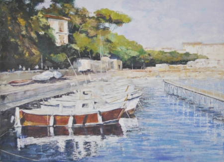 Dipinto di Castiglioncello, barche sull’acqua calma, vegetazione marina