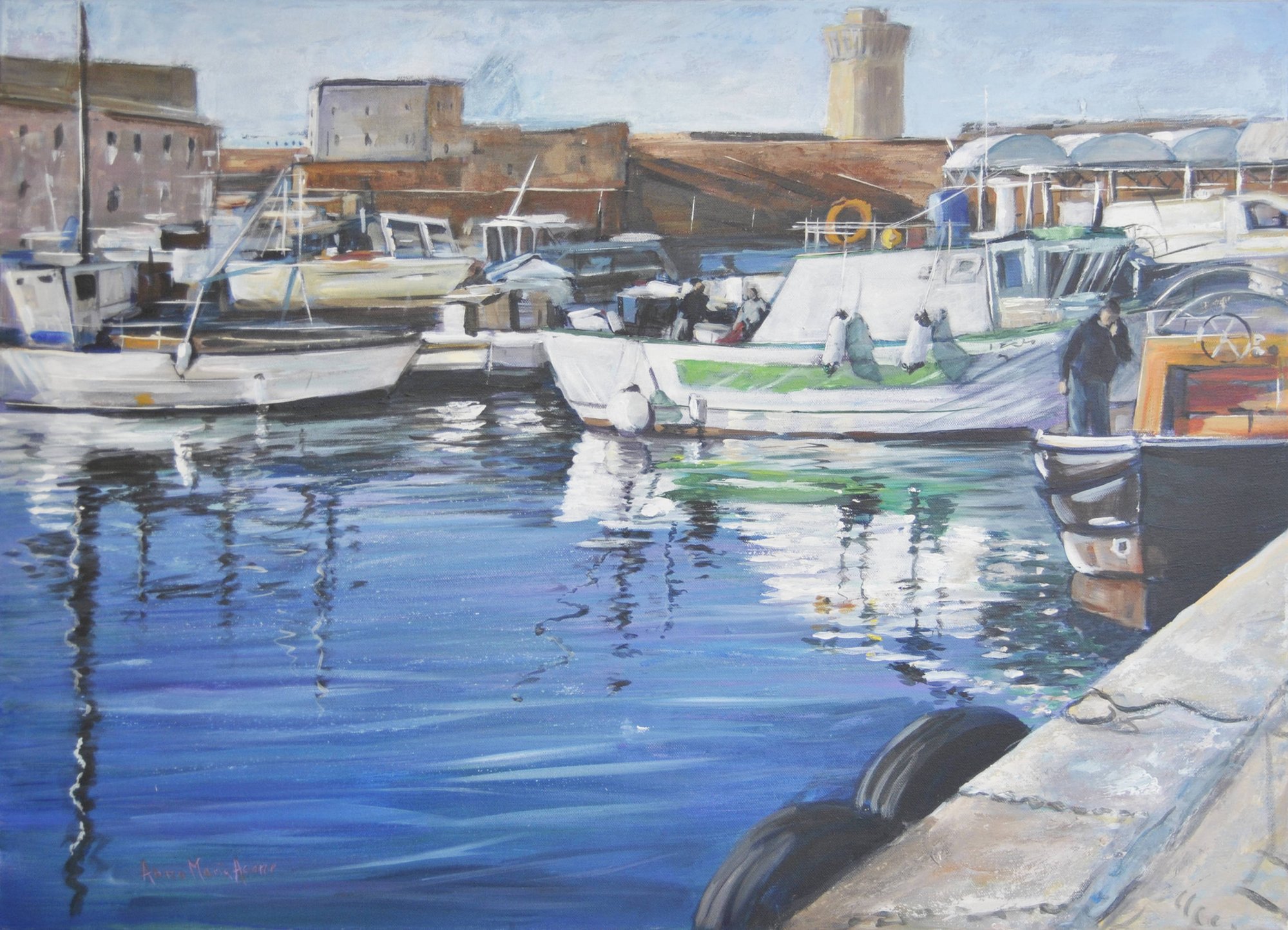 Dipinto del porto con Mastio di Matilde, acqua calma, barche