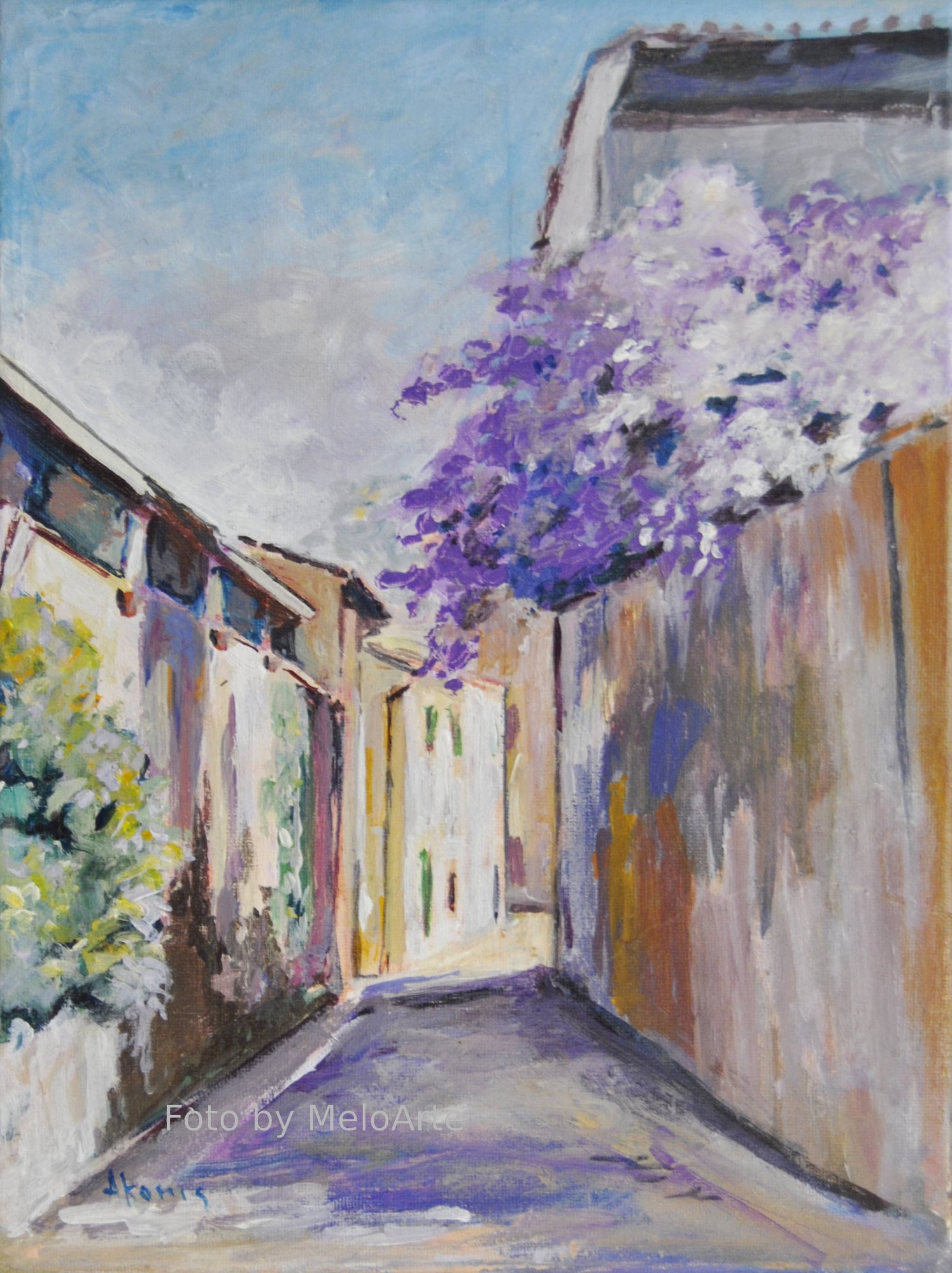 Dipinto di scorcio con muro e glicine in fiore, pittura delicata