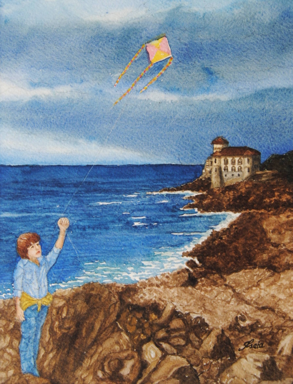 L’aquilone sul Castel Boccale, acquerello di Fiorenzo Isaia, ragazzo che fa volare aquilone sulla costa di Livorno con castello sullo sfondo