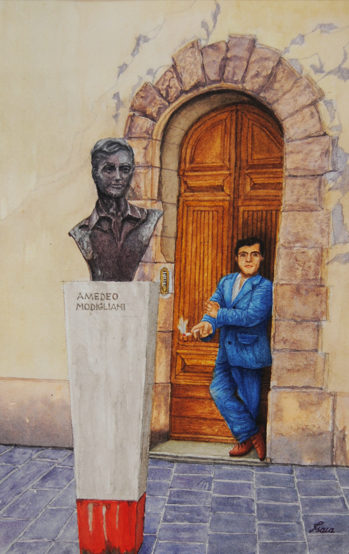 Modì è ancora qui, acquarello di Fiorenzo Isaia, omaggio a Modigliani con strada livornese e figura dello spirito dell’artista
