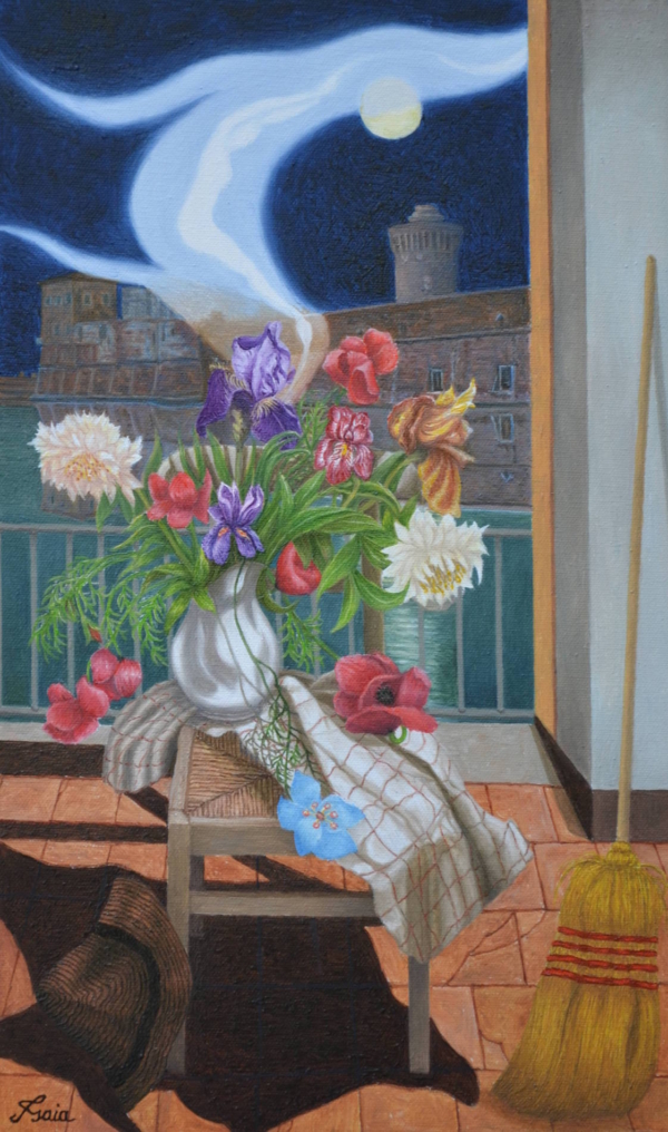 Quadro di Fiorenzo Isaia: paesaggio poetico sospeso tra realtà e sogno.
