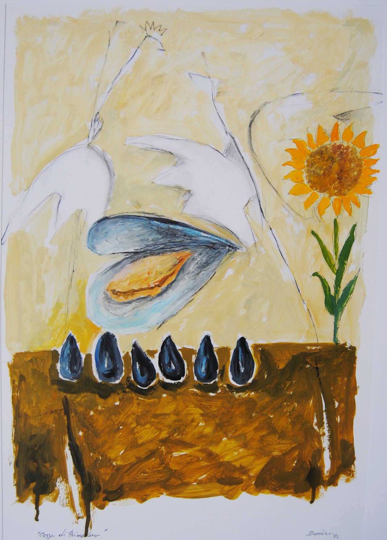 Cozza di primavera, una cozza aperta levita sopra un campo di cozze chiuse, con un girasole a destra e due figure diafane che fluttuano ai lati.