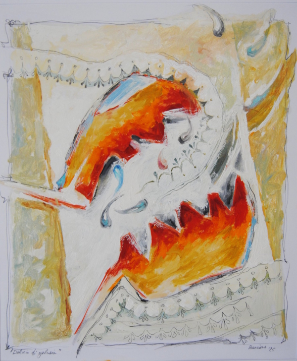 Delirio di gelosia, due labbra rosse aperte con denti che formano merletti e volute, labbro inferiore dentellato simile a un cucchiaio di ruspa, su fondo chiaro e panna.