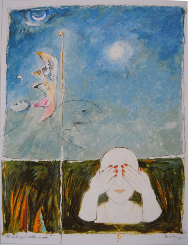 Il silenzio della musa, volto diafano di donna con occhi chiusi e mani con unghie rosse, chiave di violino al collo, figure sospese nel cielo con luna piena e falce di luna.