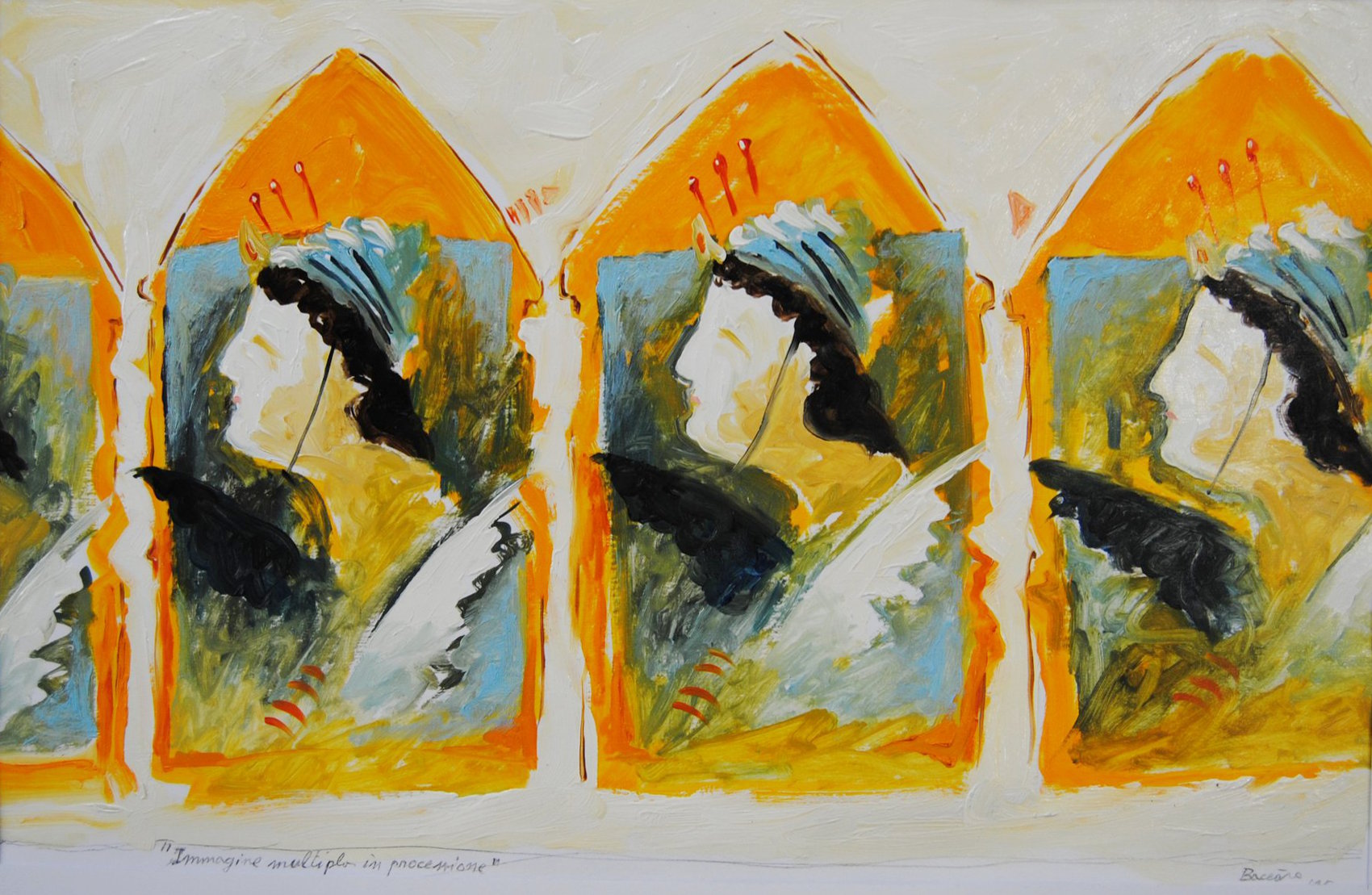 Immagine multipla in processione di Gianni Baccaro, figure ieratiche in profilo incastonate in tabernacoli arancio con voli bianchi e capelli neri.