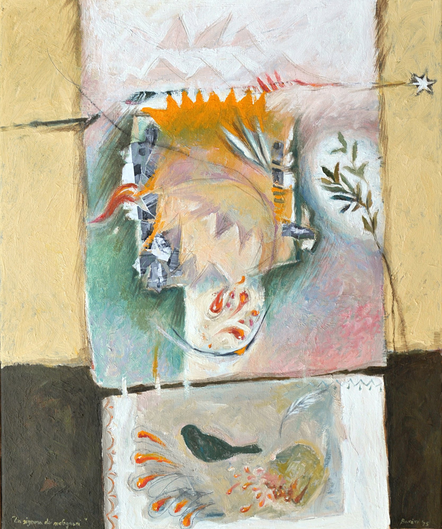 Dipinto La signora dei melograni di Gianni Baccaro, 2025: figura stilizzata con corona arancione e uccello tra petali di melograno