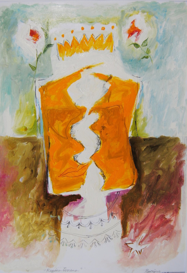 Regina terrena, figura arancio divisa in due, corona con fiori ai lati, al collo merletti di figure stilizzate.