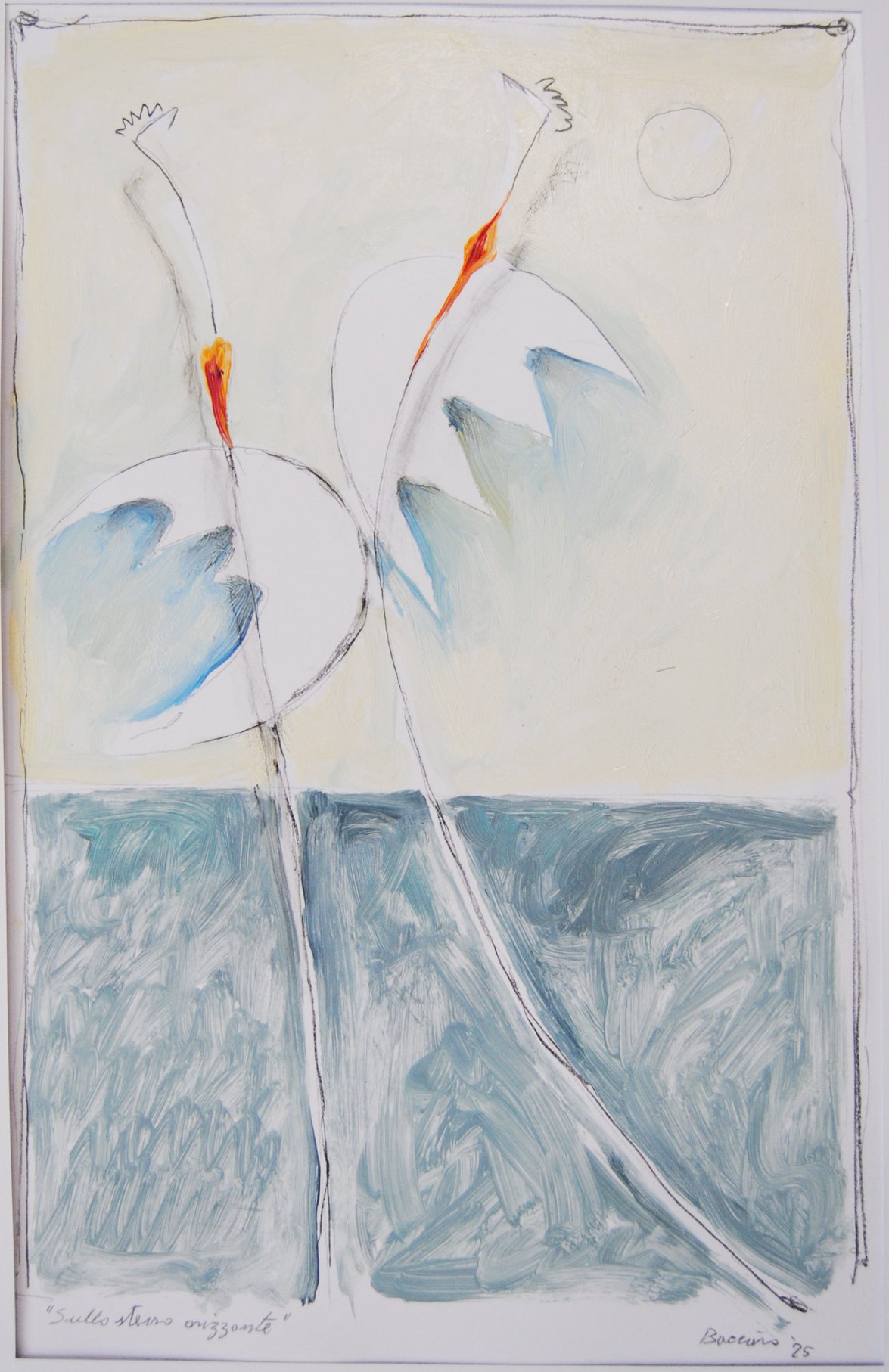 Gianni Baccaro – Sullo stesso orizzonte, carta dipinta a olio con figure simboliche sospese tra azzurro e bianco