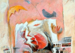 Quadro di Gianni Baccàro con figure centrali segni stratificati su fondo rosa