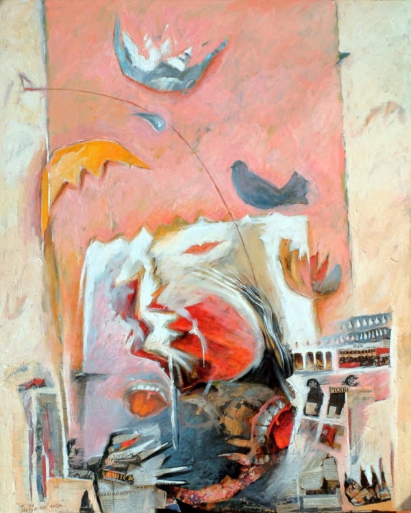 Quadro di Gianni Baccàro con figure centrali segni stratificati su fondo rosa