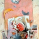 Quadro di Gianni Baccàro con figure centrali segni stratificati su fondo rosa