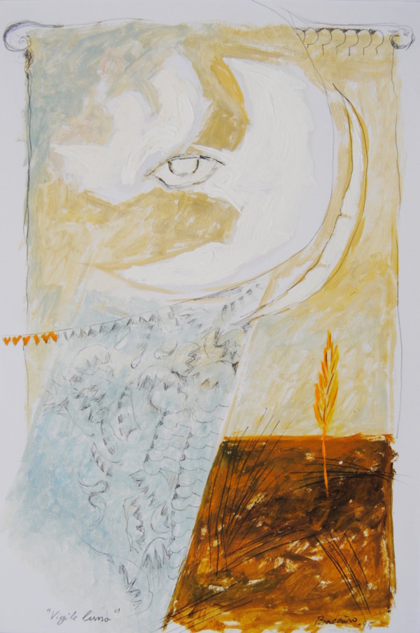 Vigile Luna di Gianni Baccaro, luna con occhio e colomba che si libra sulla terra con cipresso arancio.