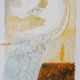Vigile Luna di Gianni Baccaro, luna con occhio e colomba che si libra sulla terra con cipresso arancio.