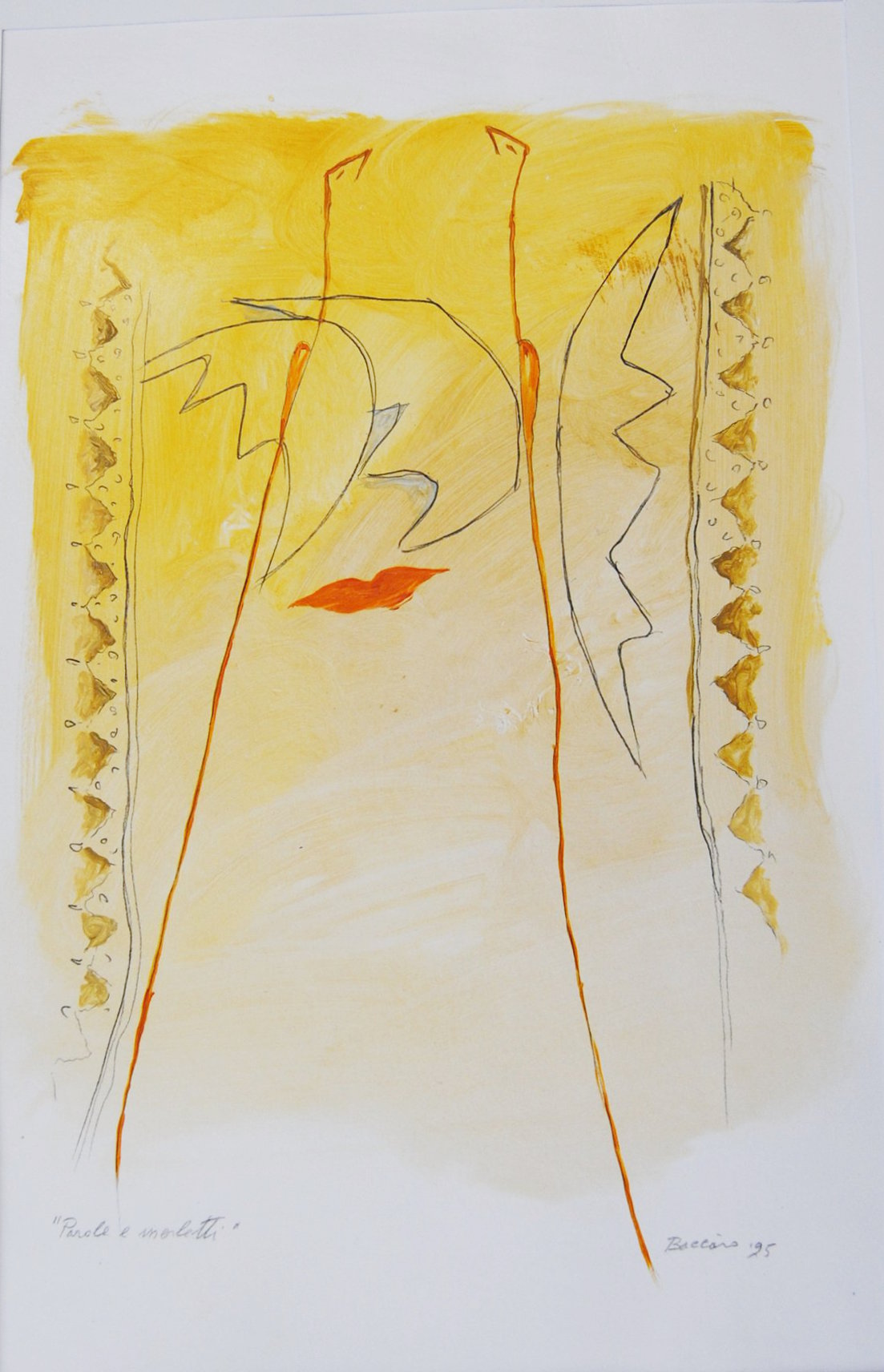 Parole e merletti, bocca rossa e simboli stilizzati su fondo giallo chiaro sfumato.