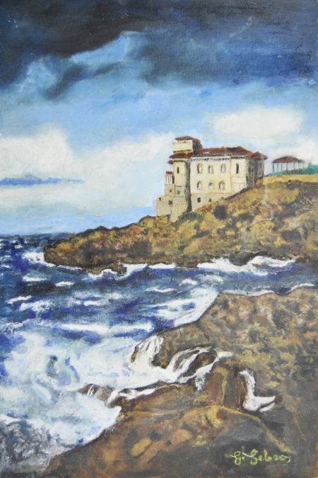 Dipinto Castel Boccale a Livorno di Giuseppe Geloso con fortezza sulla scogliera e mare in tempesta