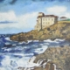 Dipinto Castel Boccale a Livorno di Giuseppe Geloso con fortezza sulla scogliera e mare in tempesta