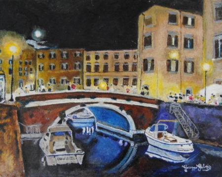 Dipinto Effetto Venezia di Giuseppe Geloso con Quartiere La Venezia a Livorno, ponte ad arco, luci notturne e riflessi sul canale