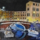 Dipinto Effetto Venezia di Giuseppe Geloso con Quartiere La Venezia a Livorno, ponte ad arco, luci notturne e riflessi sul canale