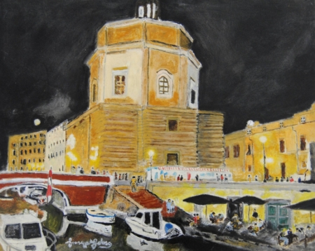 Veduta notturna del Quartiere La Venezia a Livorno con un edificio centrale illuminato, ponte rosso sul canale, barche ormeggiate e figure umane durante la manifestazione Effetto Venezia, dipinto espressionista di Giuseppe Geloso.