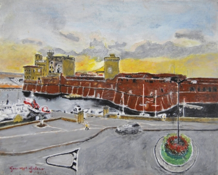 Dipinto Il Mastio di Matilde di Giuseppe Geloso con fortezza storica, porto, strada e tramonto drammatico