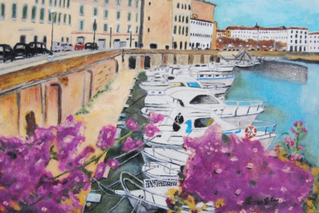 Dipinto La Bouganville sugli Scali delle Cantine di Giuseppe Geloso con canale, barche e palazzi storici a Livorno